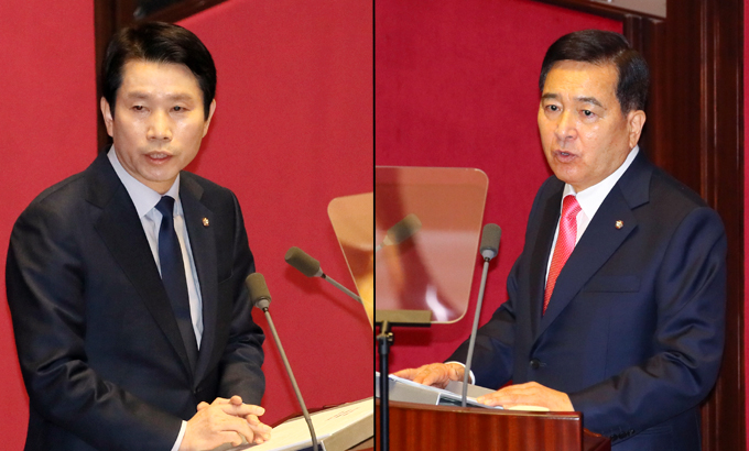 이인영(왼쪽 사진) 더불어민주당 원내대표와 심재철 미래통합당 원내대표가 각각 18일과 19일 국회 본회의에서 교섭단체 대표연설을 하고 있다. 연합뉴스