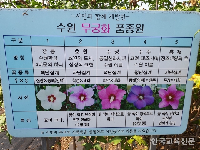 수원 무궁화 품종원 5품종 안내판