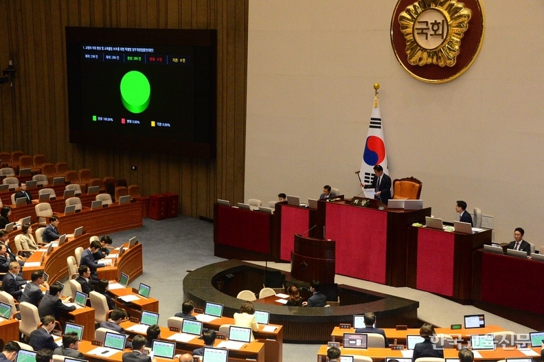 21일 열린 정기국회 본회의에서 김진표 의장이 교원지위법 개정안이 만장일치로 의결됐음을 선포하고 있다. /이동주 기자