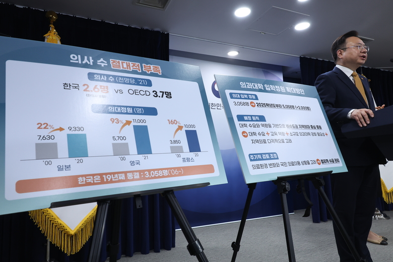 조규홍 보건복지부 장관이 6일 정부서울청사에서 의과대학 입학정원 확대 발표를 하고 있다. /연합뉴스