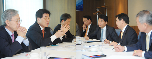 6일 서울 중구 프레스센터에서 ‘대학교육 그랜드 플랜 새로 짜자’를 주제로 개최된 교육포럼 참석자들. 홍승용 대학구조개혁위원회 위원장, 이주호 교육과학기술부 장관, 김태완 한국교육개발원장, 안양옥 한국교총 회장(오른쪽 사진), 김윤수 국공립대총장협의회 회장, 박철 한국사립대총장협의회 회장, 류지성 삼성경제연구소 연구전문위원(왼쪽부터).