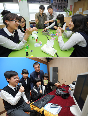 (사진 위)신창중학교 걸스카우트 동아리 학생들이 강월규 지도교사, 정진우 교감(사진 오른쪽에서 세번째)과 함께 페이스페인팅 실습을 하고 있다.(사진 아래)방송·영화 제작 동아리 ‘6㎜ 시네마 파크’ 학생들이 배영복 지도교사와 함께 점심 방송을 하고 있다.