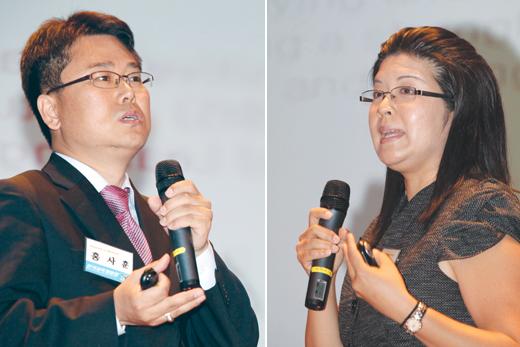 한국교육개발원과 재미한인교육연구자협회가 개최한 국제심포지엄에서 미국의 학교폭력 대처방안을 소개한 홍사훈 미네소타대 교수(왼쪽)와 사라 조 김 조지워싱턴대 교수(오른쪽).