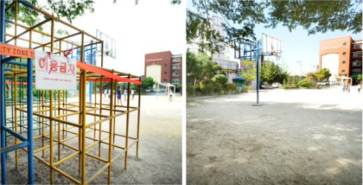 경기도의 한 초등학교 운동장. 2008년 개정된 ‘어린이놀이시설 안전관리법’시행으로 2011년 3월 안전검사에서 놀이시설 전체가 불합격 판정을 받은 이 학교는 2년 반 동안 ‘사용금지’조치해 오다 올 8월 16일 아예 모든 시설을 철거했다. 놀이시설 중 정글짐이 철거되기 전(왼쪽,6월 17일)과 철거된 후(9월 26일)의 모습. 이효상