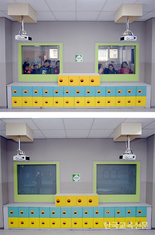 6학년 교실에 설치된 스모그 글라스(smog glass). 평소에는 투명 유리였다가 작동시키면 컴퓨터 모니터가 된다.
