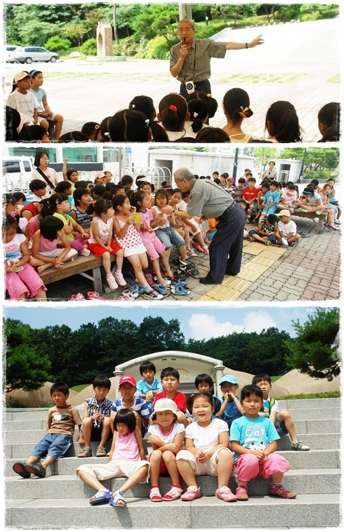 ▲ 저학년 아이들과 이상성 문화유산 해설사, 도원분교 1,2학년 아이들