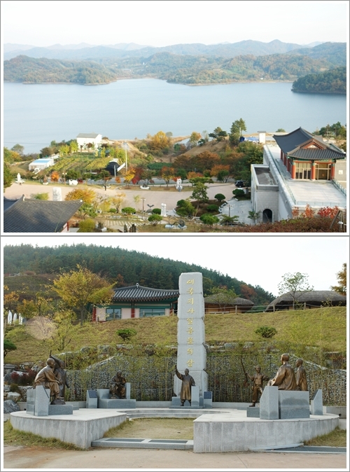 ▲ 대청호미술관과 호수, 미술관 앞에 있는 애국지사 동상