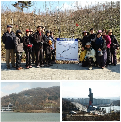 ▲ 숲해설가협회 회원들, 상봉재 초입의 풍주사, 상봉재 방향에서 본 명암타워