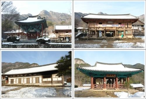 ▲ 시계방향으로 보종각, 봉래루, 범종각, 설선당