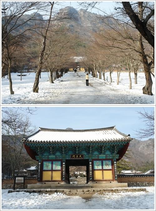 ▲ 연지, 내소사사적비,해인당행적비가 있는 사천왕문 앞 풍경