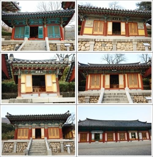 ▲ 위부터 시계방향으로 명부전, 영산전, 원진각, 미술관, 팔상전, 산령각