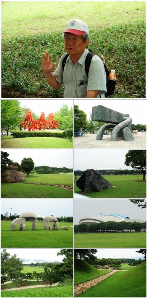 ▲ 성의 축성과정을 설명하고 있는 충북참여연대 강태재 대표와 올림픽공원 풍경