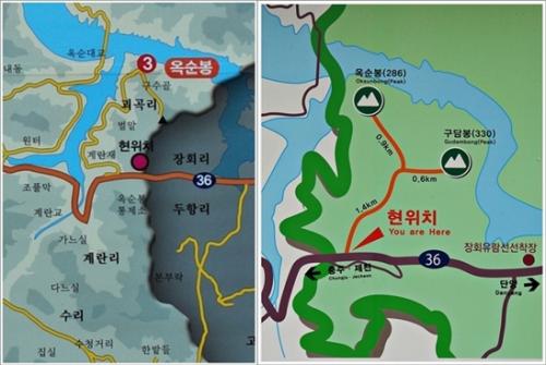 ▲ 좌-수산면 관광안내도, 우-옥순봉ㆍ구담봉 탐방안내도