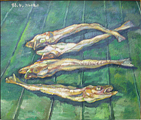 고교수업지도 위한 정물유화-명태 모델은 심하게 마른 상태, 누군가의 그림을 지우고 덮어 그림