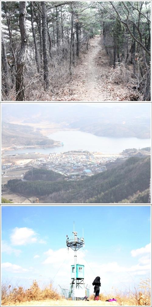 ▲ 작두산 등산로, 등산로에서 바라본 문의 소재지, 작두산 정상