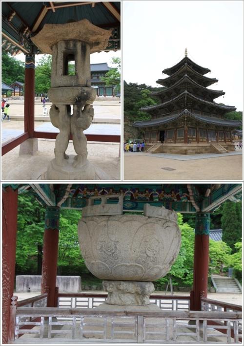▲ 법주사의 국보(쌍사자석등, 팔상전, 석연지)