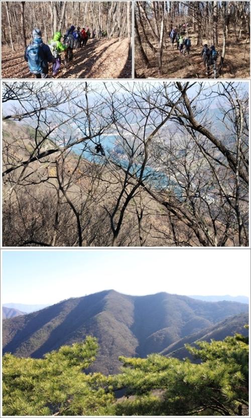 ▲ 제비봉으로 가는 산길과 제비봉 방향에서 바라본 사봉