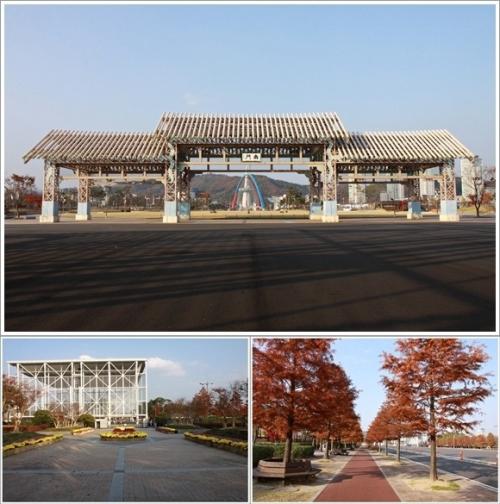 ▲ 엑스포남문, 쉼터무대와 시민광장의 메타세콰이어