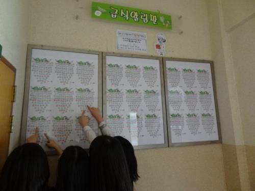 2학년 학생들이 자기 반 포도송이를 가리키고 있다.