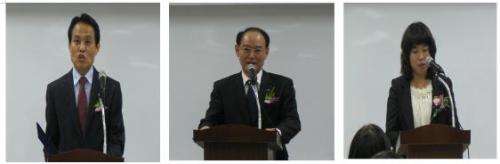 글벗 도서관의 앞날을 위한 축사(왼쪽부터 본교 양원기 교장, 수원교육지원청 김국회 교육장 , 본교 최은자 학부모 운영위원장 )