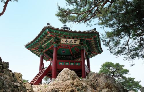 <낙화암 정상에 세워진 백화정이다. '팔각정자'에서 내려다보이는 풍광이 천하일품이다.>