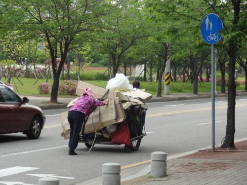 싱그런 5월 어느날 아침, 출근길에 손수레에 폐지를 싣고 가는 부부를 보았다. 삶의 무게, 부부가 힘을 합치면 가벼워진다.