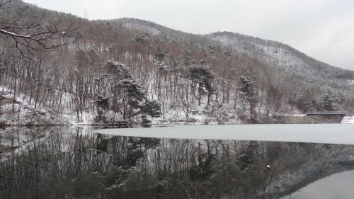 저수지와 광교산이 대칭을 이루고 있다.