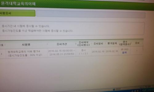 20문제를 다 푸니 점수와 합격 여부가 곧바로 표시된다. 이게 바로 방송대의 시스템이다.