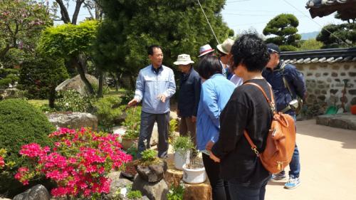 사진 왼쪽 : 야생화 전시회에서 관람객들에게 야생화의 재배법과 특징을 설명하는 안각순 스산야생화보전연구회 회장.